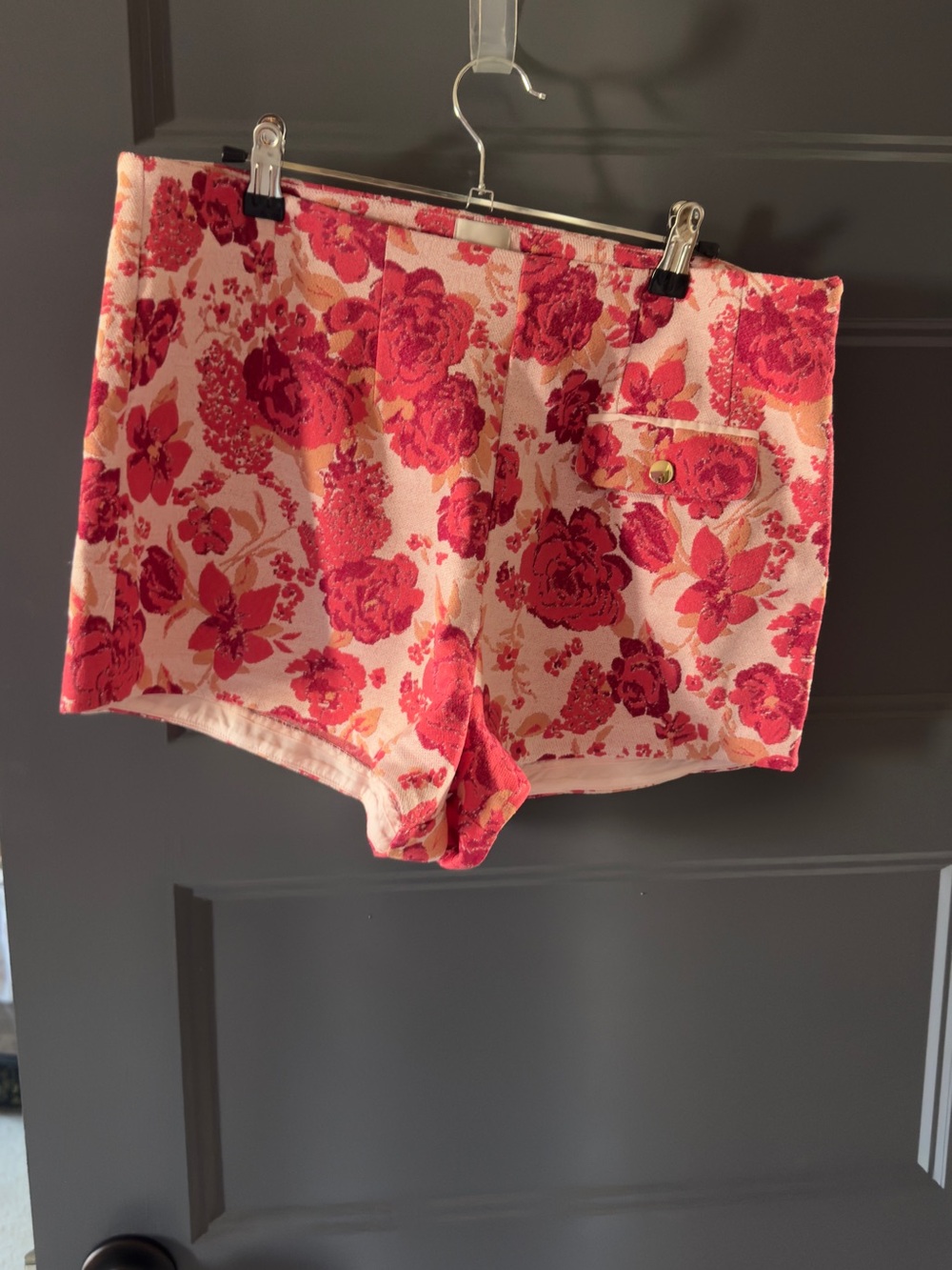 Maeve Floral Pink & Red Jacquard High waisted Hot shorts